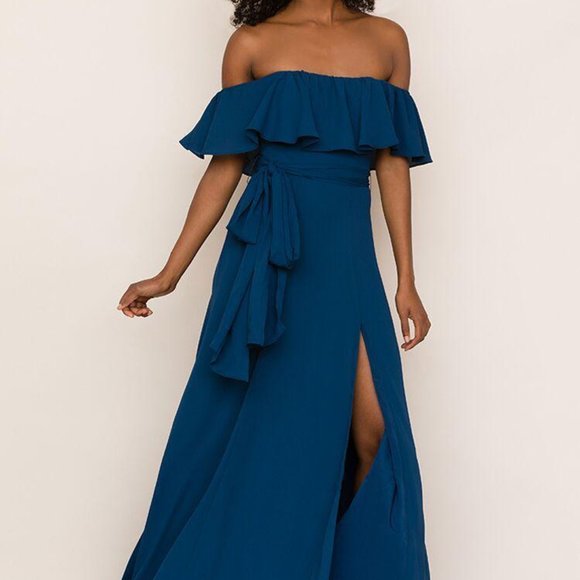 Yumi Kim Blue Carmen Ruffle Off the Shoulder Sash Tie Flowly Dress XS NWT 278.00 - Picture 2 of 8